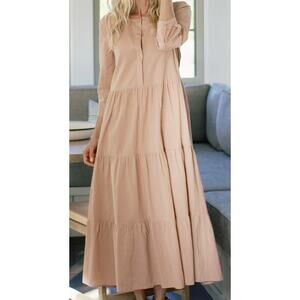 Jenni Kayne James Midi Dress Pink Dusk Beige Tiered Cotton Linen Button XS NWOT